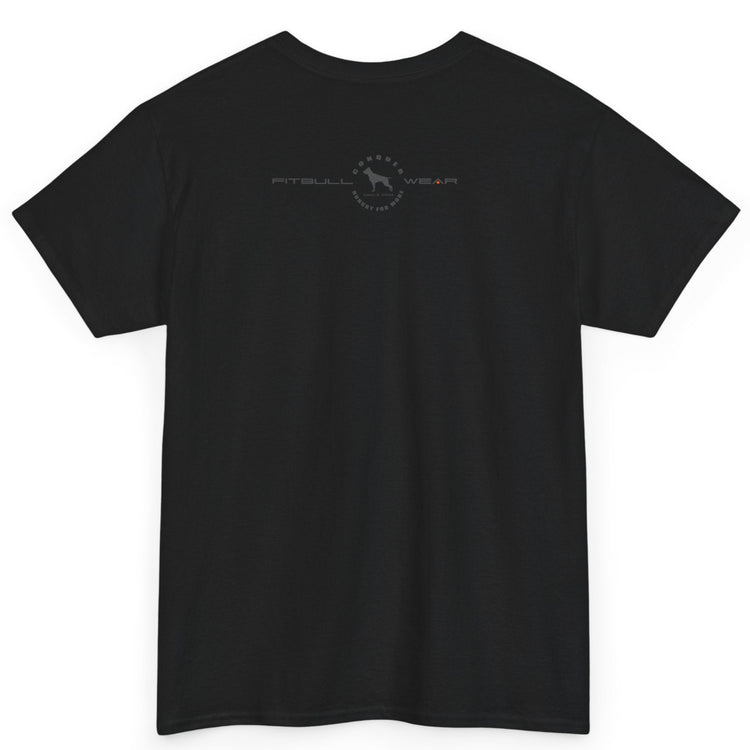 Black t-shirt with a logo on the back against a white background