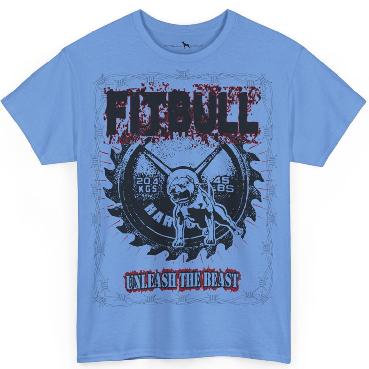 Blue t-shirt with graphic design and text on a white background