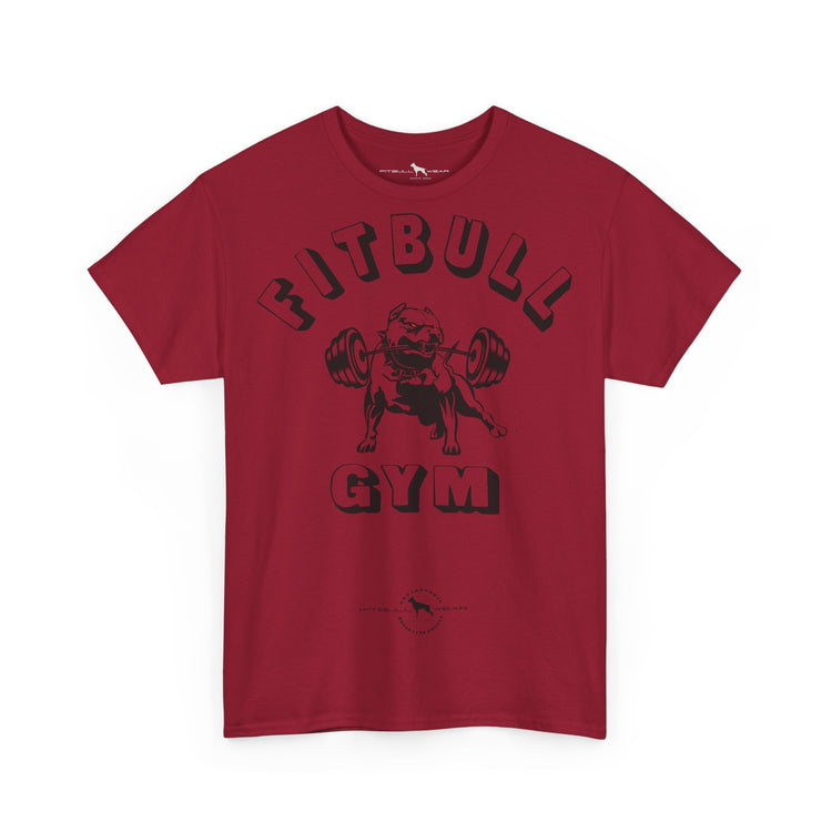 Red fitness t-shirt with 'Fitbull Gym' graphic on a white background