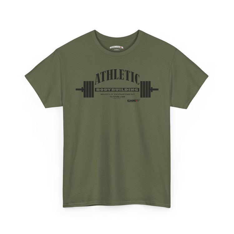 Green Gymsatr t-shirt with 'Athletic Bodybuilding' graphic on a white background