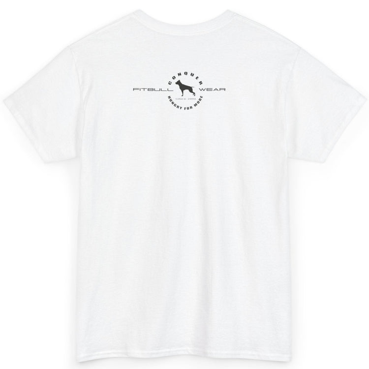 White t-shirt with a black logo on the back against a white background