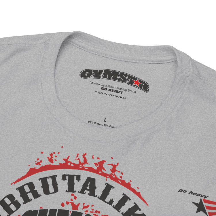 Close-up of a light gray t-shirt showing the inner neck label with 'GYMSTAR' and 'GO HEAVY' branding, along with part of a red and black graphic print on the front.