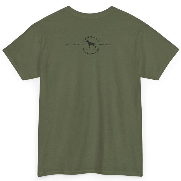 Green t-shirt with a small logo on the back against a white background