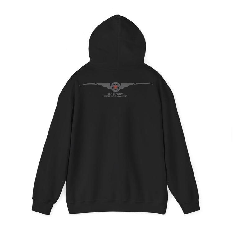 Black hoodie with 'STATUS: PENDING' text on the back against a white background