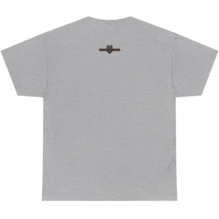 Gray t-shirt with a small logo on the back against a white background