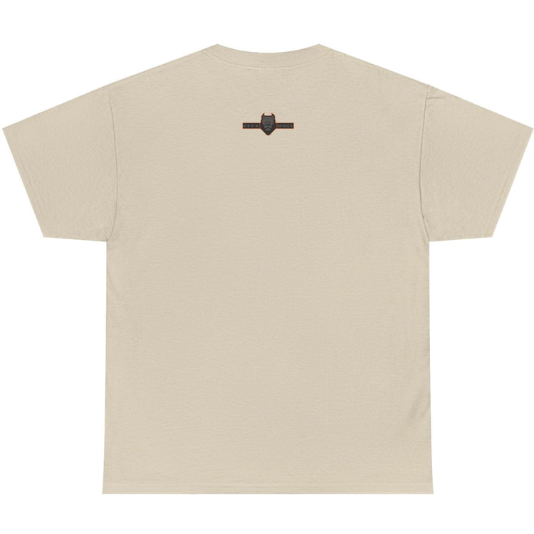 Beige t-shirt with a small black logo on the chest against a white background