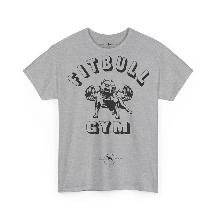 Gray fitnesst-shirt with 'Fitbull Gym' graphic design featuring a bulldog lifting weights on a white background.