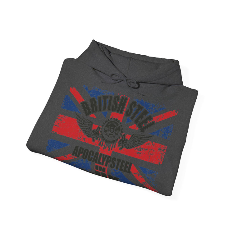 A dark gray folded hoodie featuring a distressed Union Jack graphic in red and blue with a skull and wings emblem, and the text 'BRITISH STEEL' and 'APOCALYPSEE'.