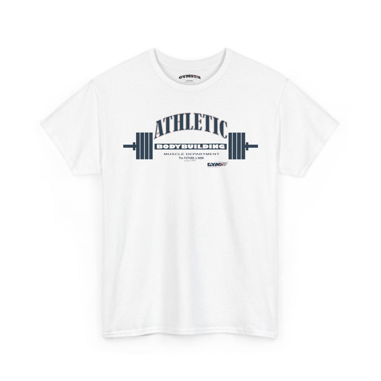 White Gymstar t-shirt with 'Athletic Bodybuilding' graphic on a white background
