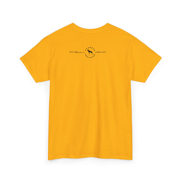 Yellow FITBULL fitness t-shirt with a logo on the back against a white background