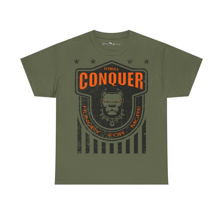 Gymstar green t-shirt with 'Conquer' graphic design on a white background