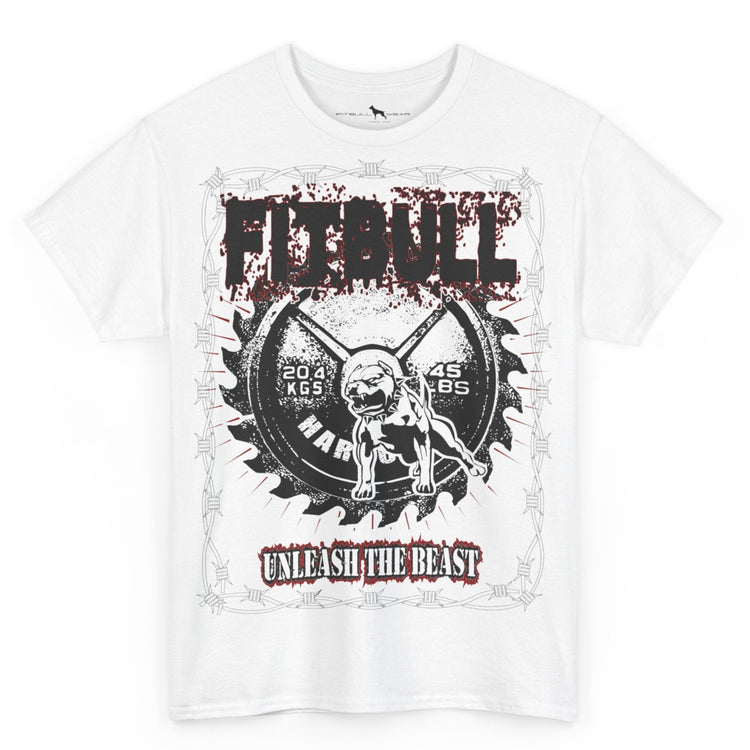 White FITBULL t-shirt with motivating graphic design featuring a pitbull and text UNLEASH THE BEAST on front.