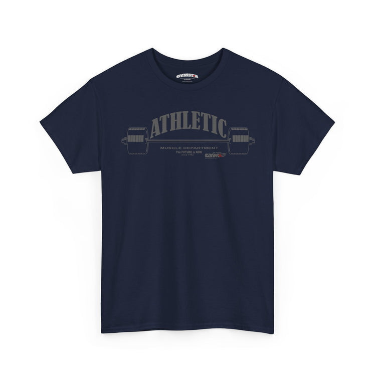 Navy blue Gymstar t-shirt with yellow text and graphic on a white background