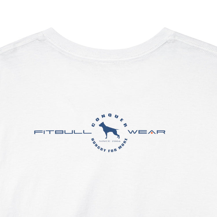 WhiteFITBULL fitness t-shirt with blue logo and text on a white background