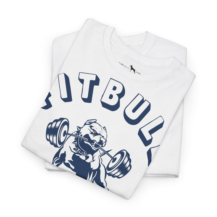 White FITBULL fitness t-shirt with blue graphic design on a white background