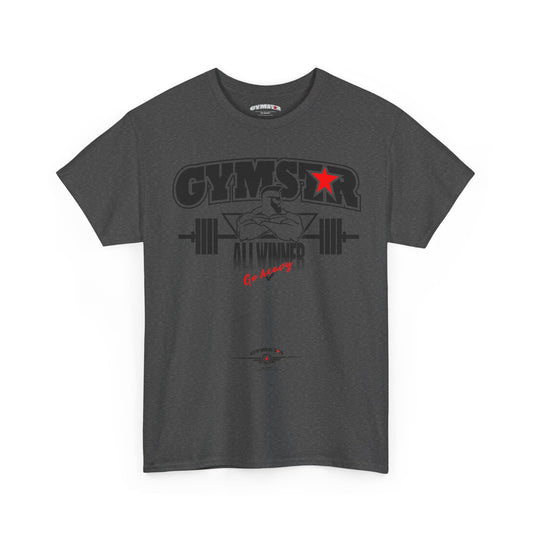 Gray t-shirt with 'GYMSTAR' graphic design on a white background