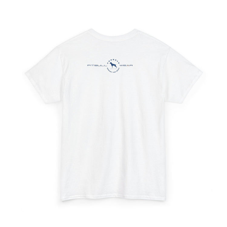 White FITBULL fitness t-shirt with a logo on the back against a white background