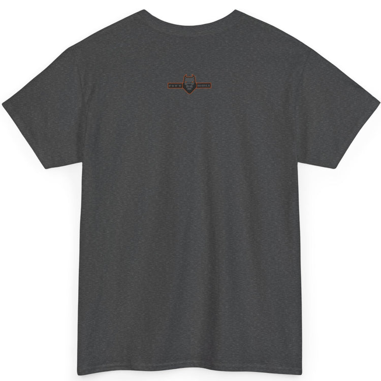 Dark gray t-shirt with a small logo on the back against a white background