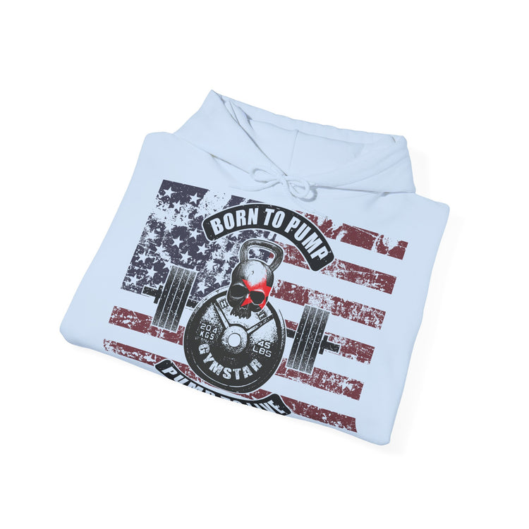 A folded light blue hoodie on a white background, featuring a distressed American flag graphic with a skull holding a kettlebell and barbell, and the text 'BORN TO PUMP' and 'FITSTAR'.