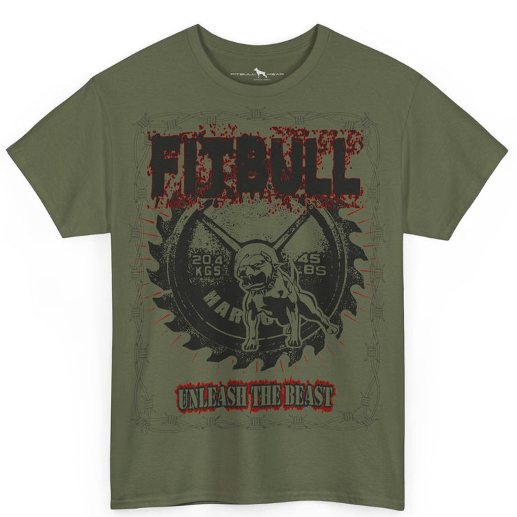 Green t-shirt with graphic design and text on a white background