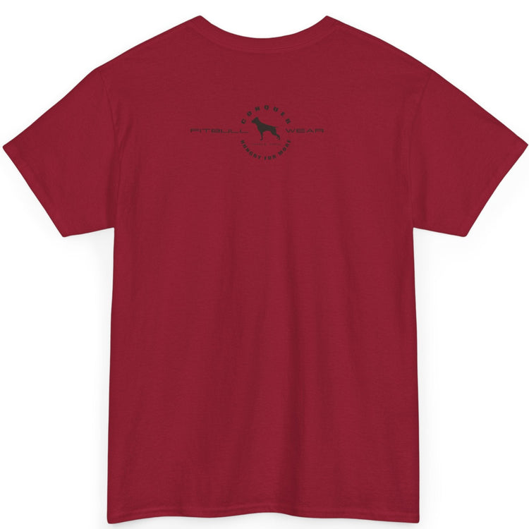 Red t-shirt with a small logo on the back against a white background