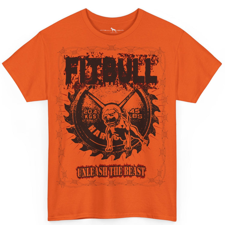 Orange t-shirt with graphic design on a white background