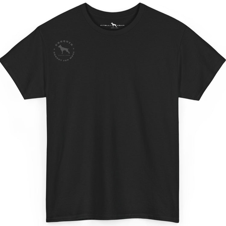 Black t-shirt with a small logo on the chest against a white background
