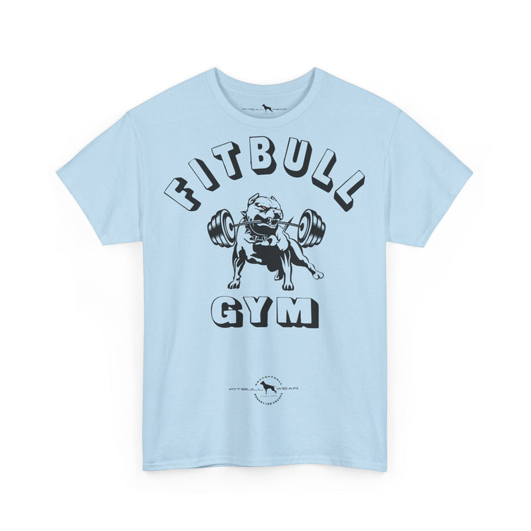Light fitness blue t-shirt with a bulldog lifting weights graphic and 'Fitbull Gym' text on a white background