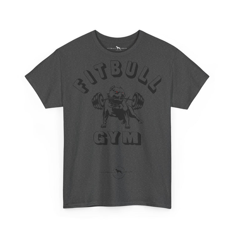 Gray fitness t-shirt with 'Fitbull Gym' graphic design on a white background