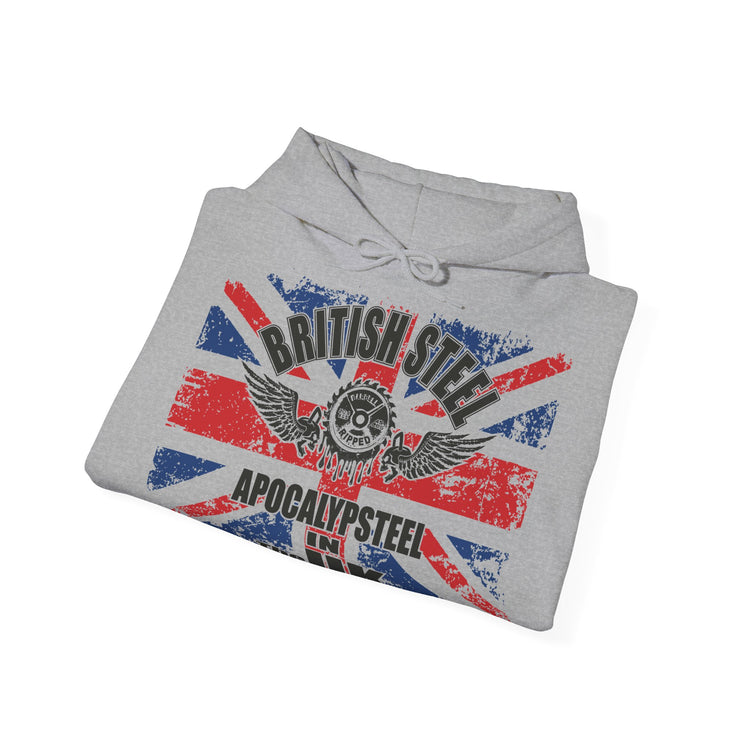 A folded light gray hoodie on a white background, featuring a distressed Union Jack graphic with a skull emblem and the text 'BRITISH STEEL' and 'APOCALYPSTEEL'.