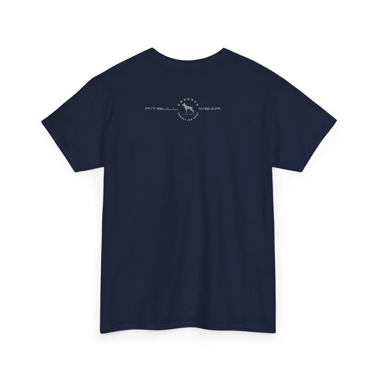 Navy blue fitness FITBULL t-shirt with a logo on the back against a white background