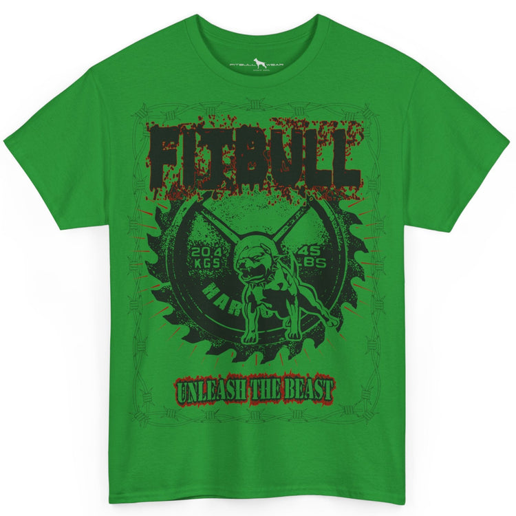 Green t-shirt with graphic design and text on a white background