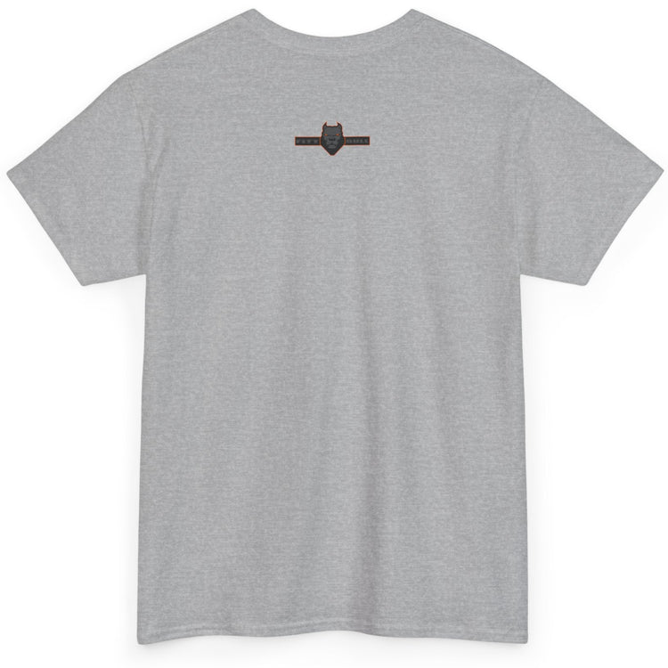 Gray t-shirt with a small logo on the back against a white background