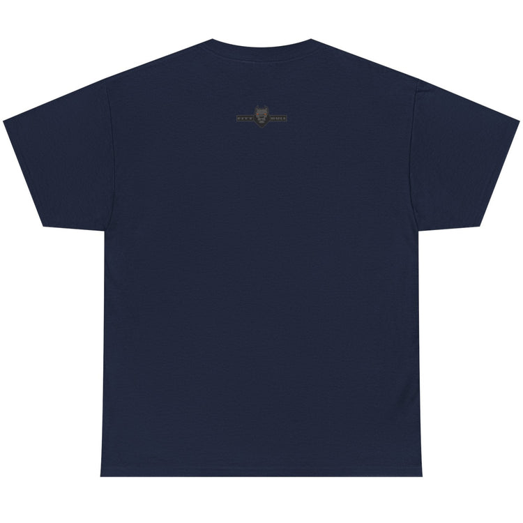 Navy blue t-shirt with a small logo on the chest against a white background