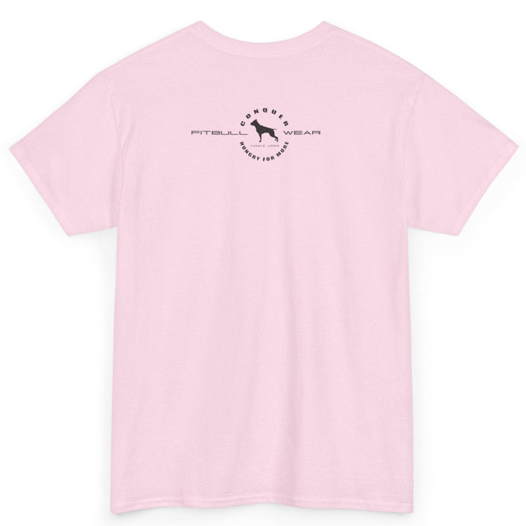 Pink t-shirt with a logo on the back against a white background