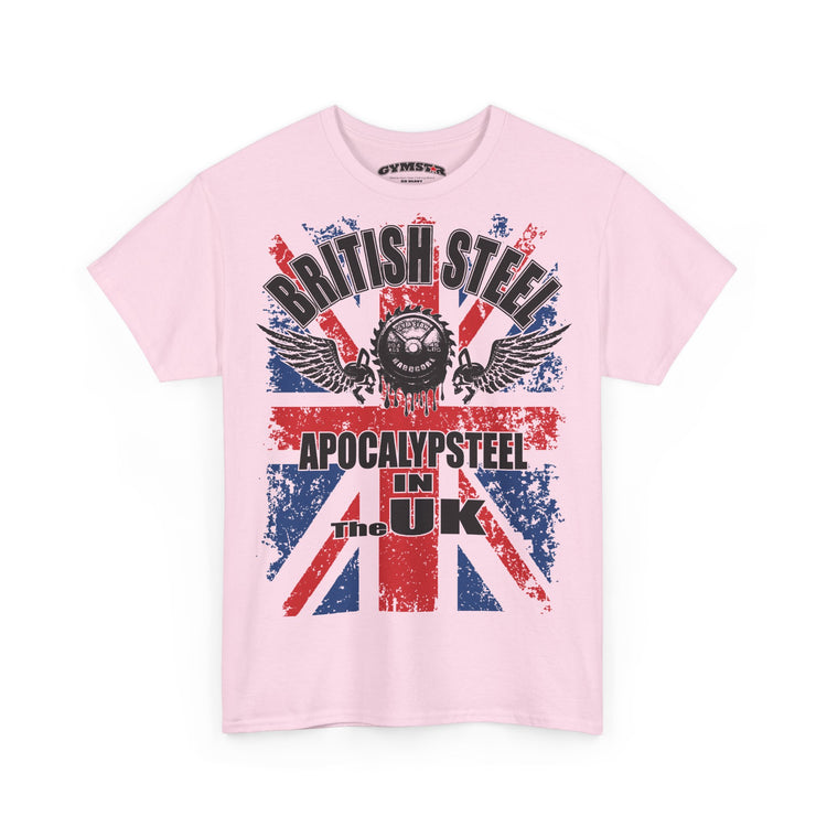 A light pink short-sleeve t-shirt with a distressed Union Jack graphic and the text 'BRITISH STEEL' and 'APOCALYPSTEEL IN THE UK' printed on the front.