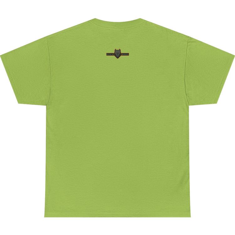 Green t-shirt with a small black logo on the back against a white background