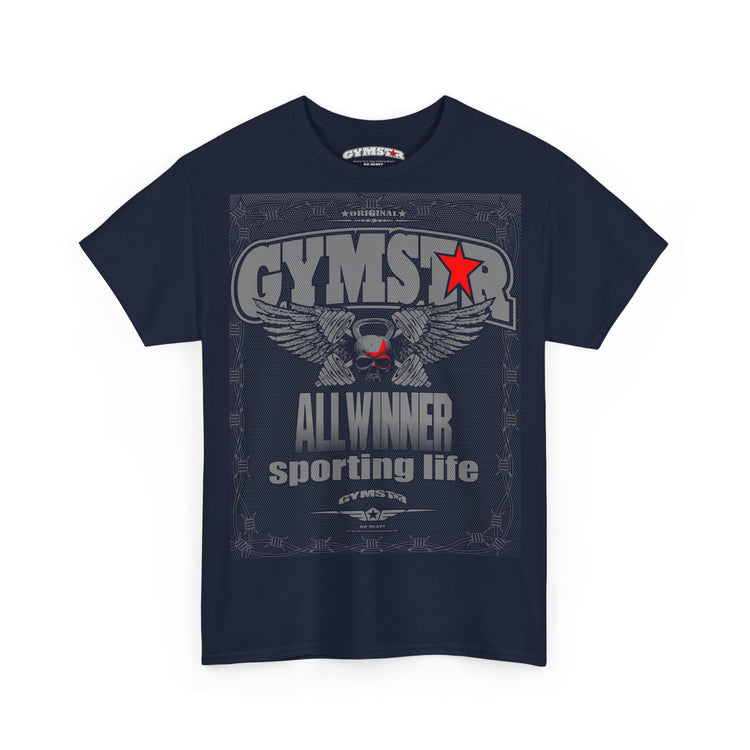Navy blue t-shirt with 'GYMSTAR' graphic design on a white background