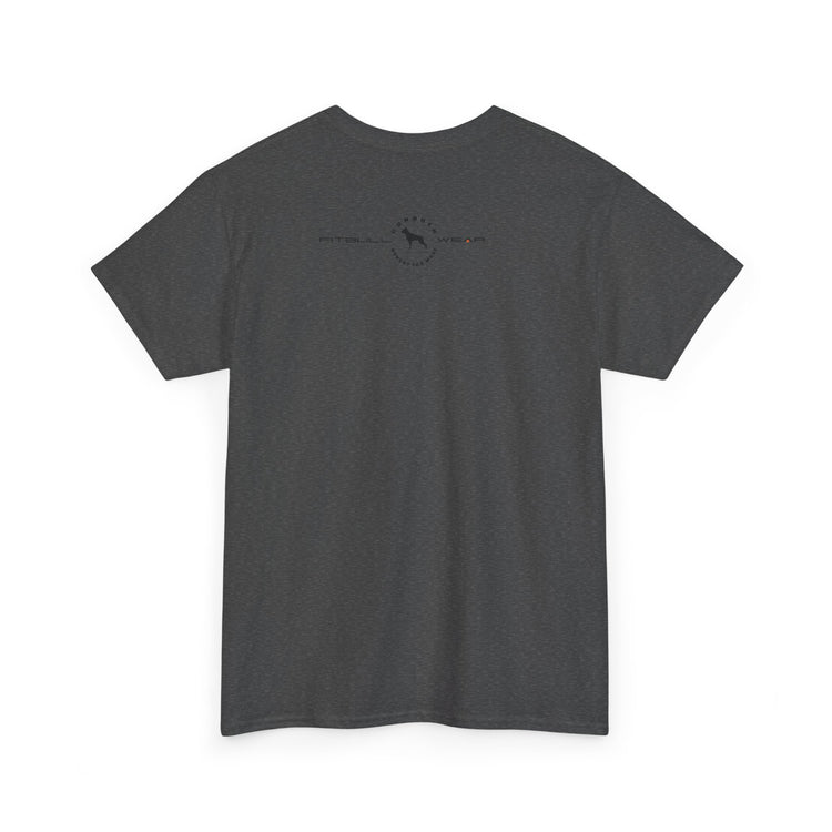 Dark fitness FITBULL gray t-shirt with a small logo on the back against a white background