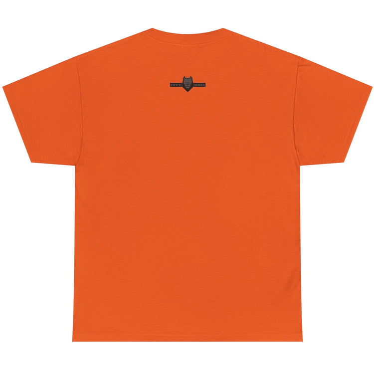 Orange t-shirt with a small black logo on the back against a white background