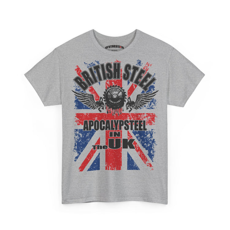 A heather gray short-sleeve t-shirt with a distressed Union Jack graphic on the front. The graphic features the text 'BRITISH STEEL' in arched black letters above a winged skull emblem, and 'APOCALYPSESTEEL IN THE UK' below it.