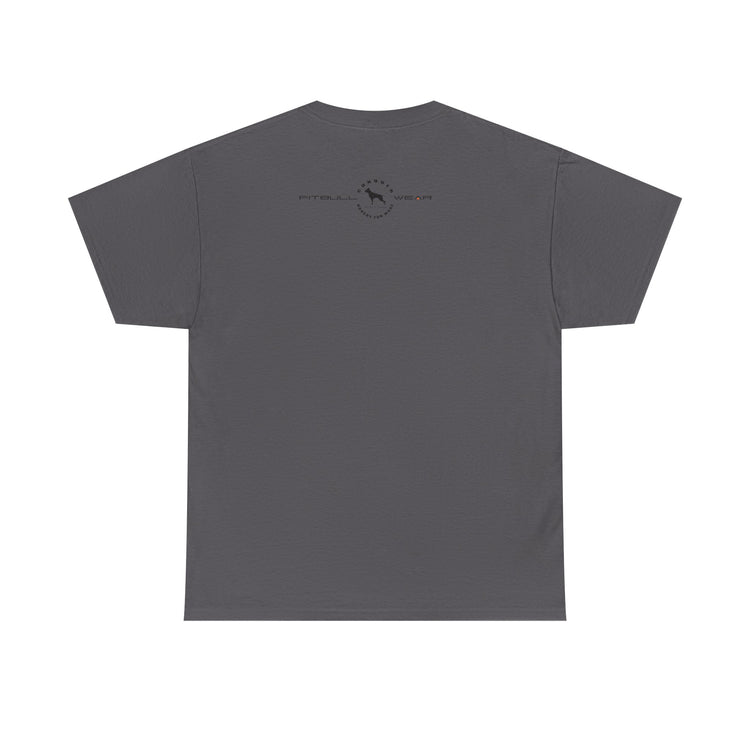 Gray fitness FITBULL t-shirt with a logo and text on the back against a white background