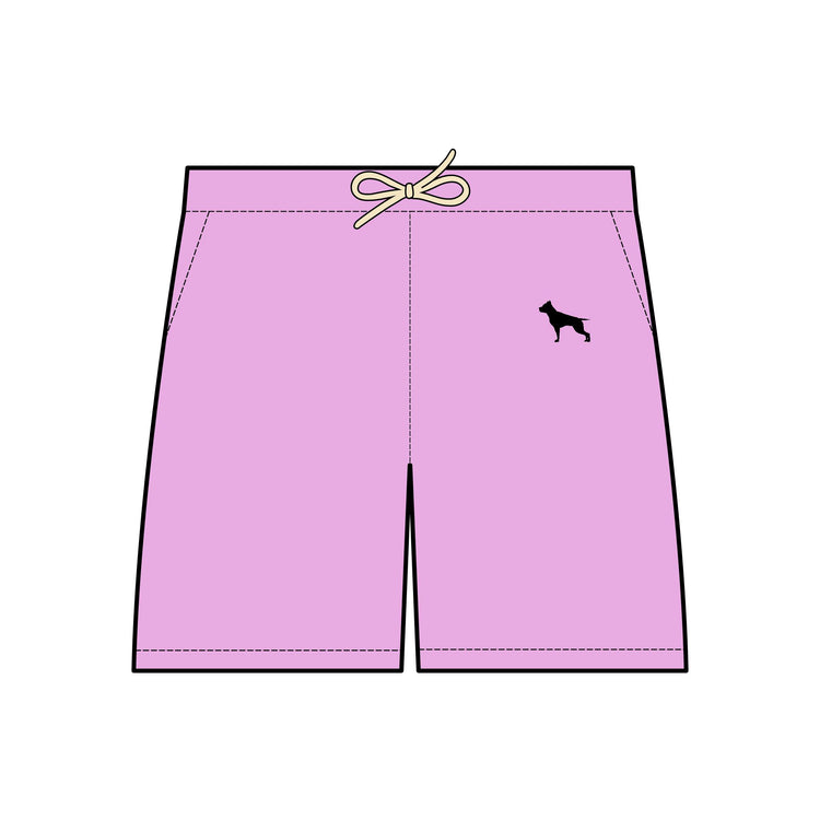 Skizze von Sportshorts mit dem Logo des Sportbekleidungsunternehmens Fitbull, purpur farbig.