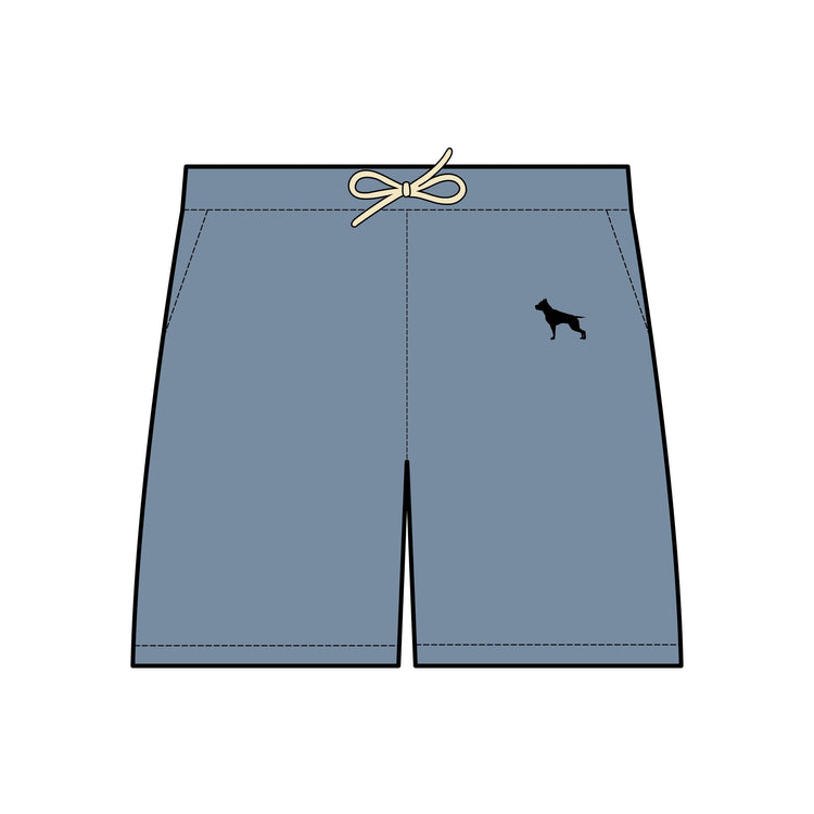 Skizze von Sportshorts mit dem Logo des Sportbekleidungsunternehmens Fitbull, navy blau farbig.