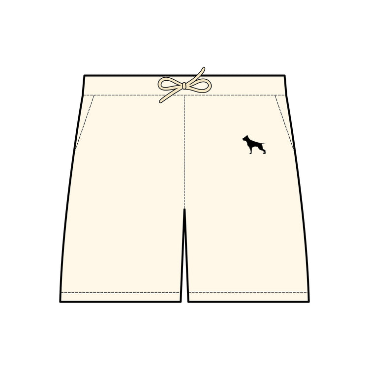 Skizze von Sportshorts mit dem Logo des Sportbekleidungsunternehmens Fitbull, beige farbig.