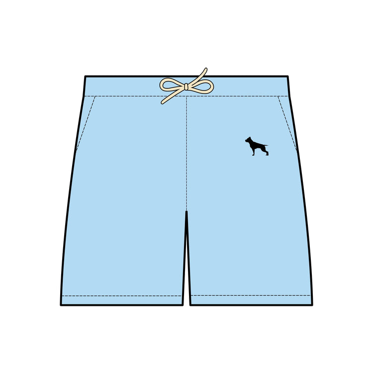 Skizze von Sportshorts mit dem Logo des Sportbekleidungsunternehmens Fitbull, blau farbig.