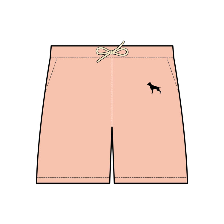 Skizze von Sportshorts mit dem Logo des Sportbekleidungsunternehmens Fitbull, Pfirsich farbig.