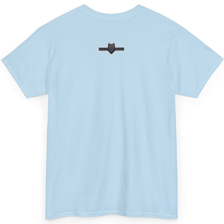 Light blue t-shirt with a small black logo on the back against a white background