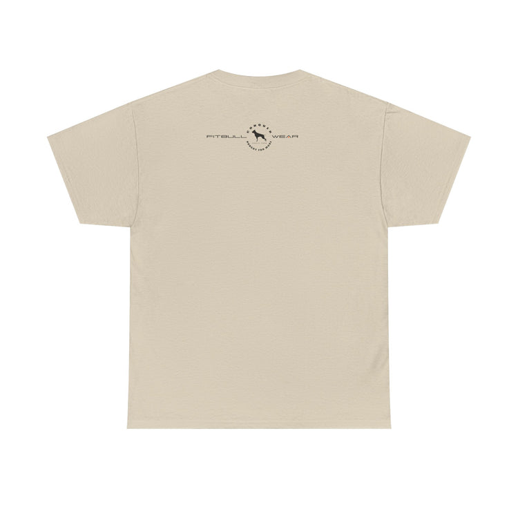 Beige FITBULL fitness t-shirt with a logo on the back against a white background