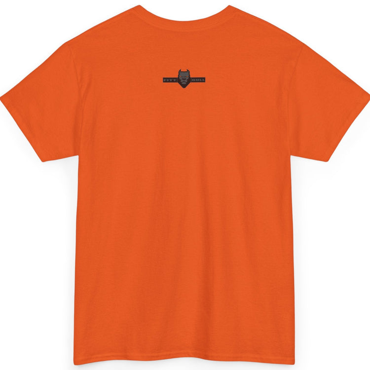 Orange t-shirt with a small logo on the back against a white background